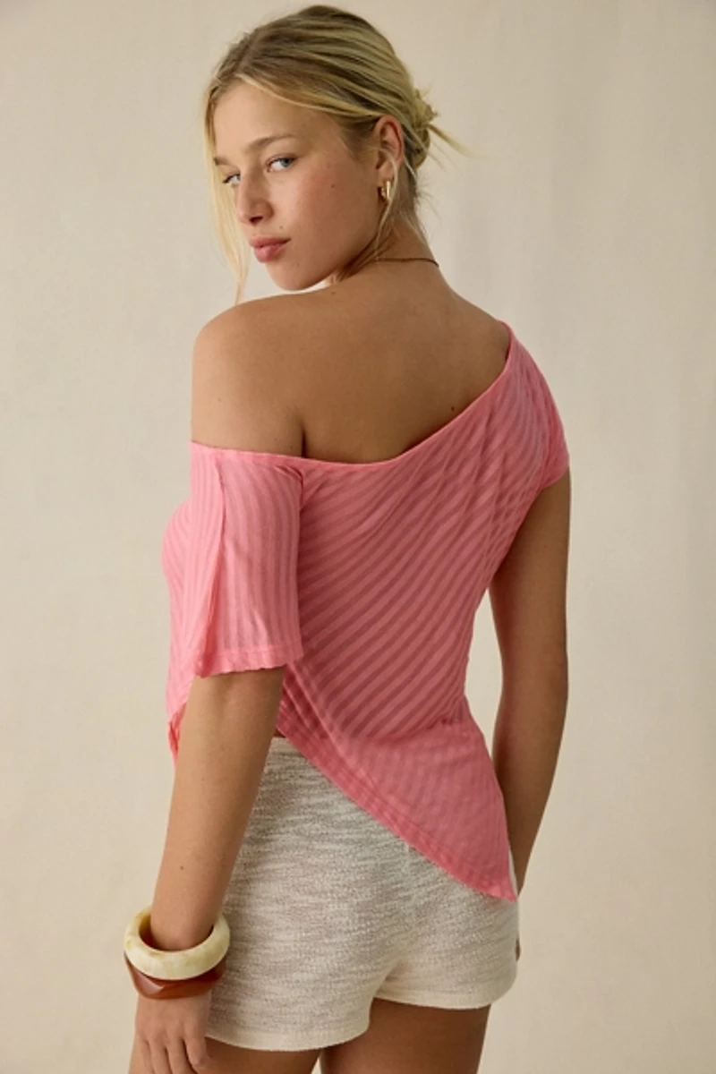 UO Bia Sheer Stripe Asymmetric Off-The-Shoulder Poncho