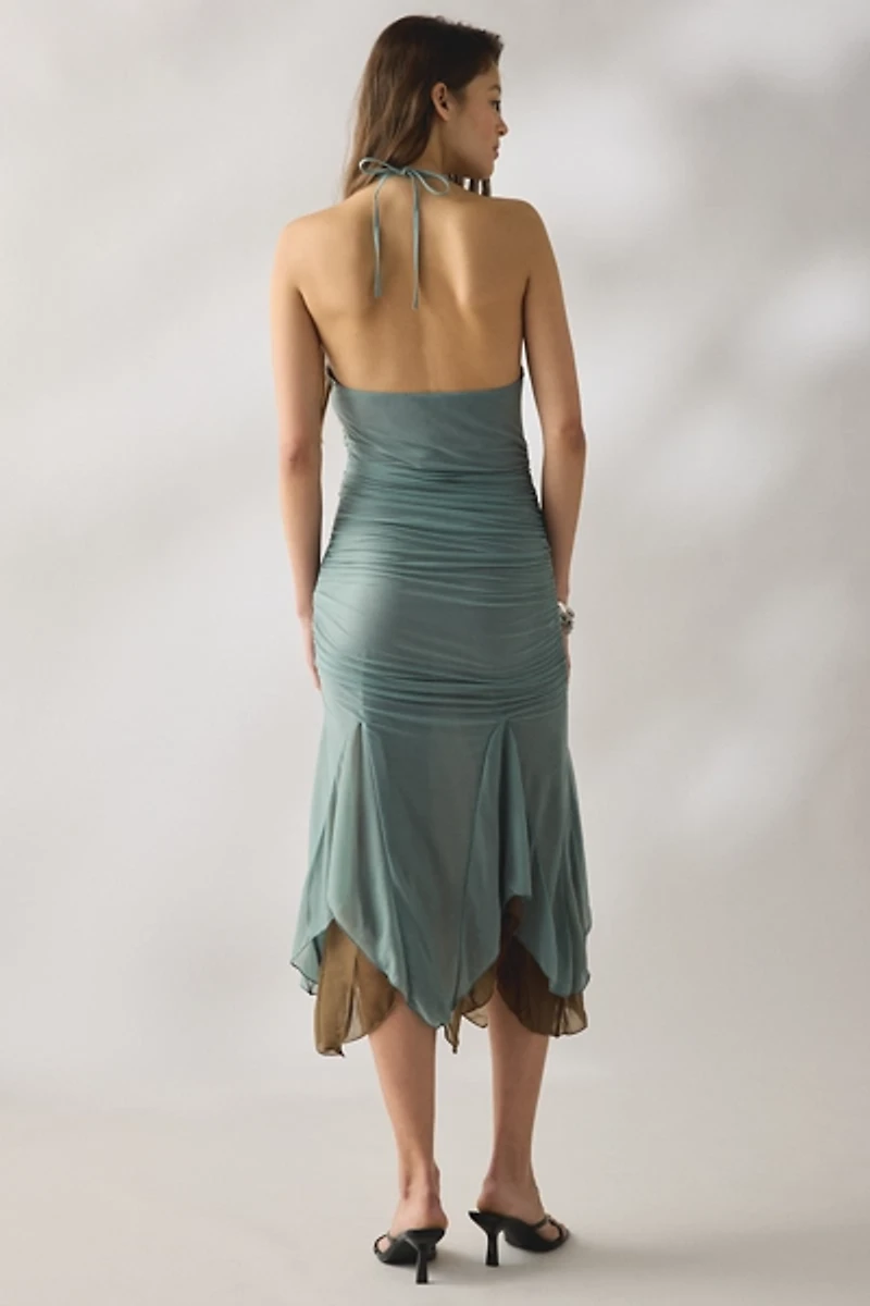 SAEMDI Evie Halter Neck Layered Mesh Midi Dress