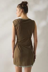 SAEMDI Aya Asymmetric Pinched Layered Mesh Mini Dress