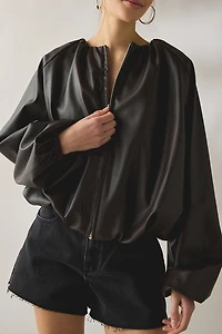 SAEMDI Edda Gathered Faux Leather Bomber Jacket