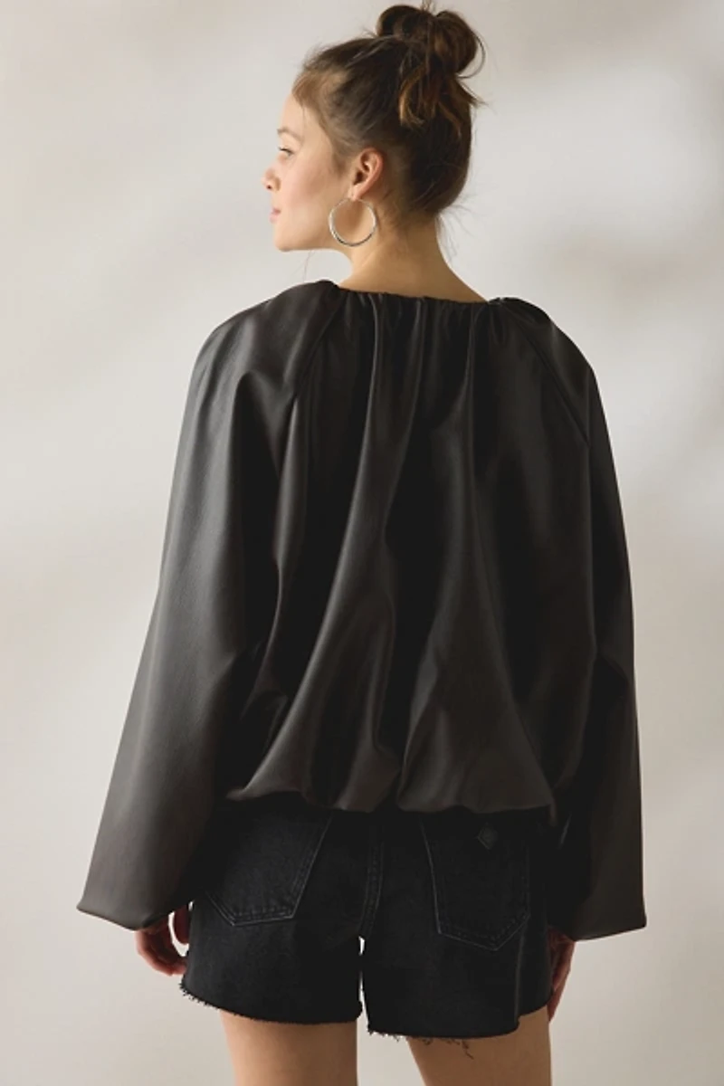 SAEMDI Edda Gathered Faux Leather Bomber Jacket