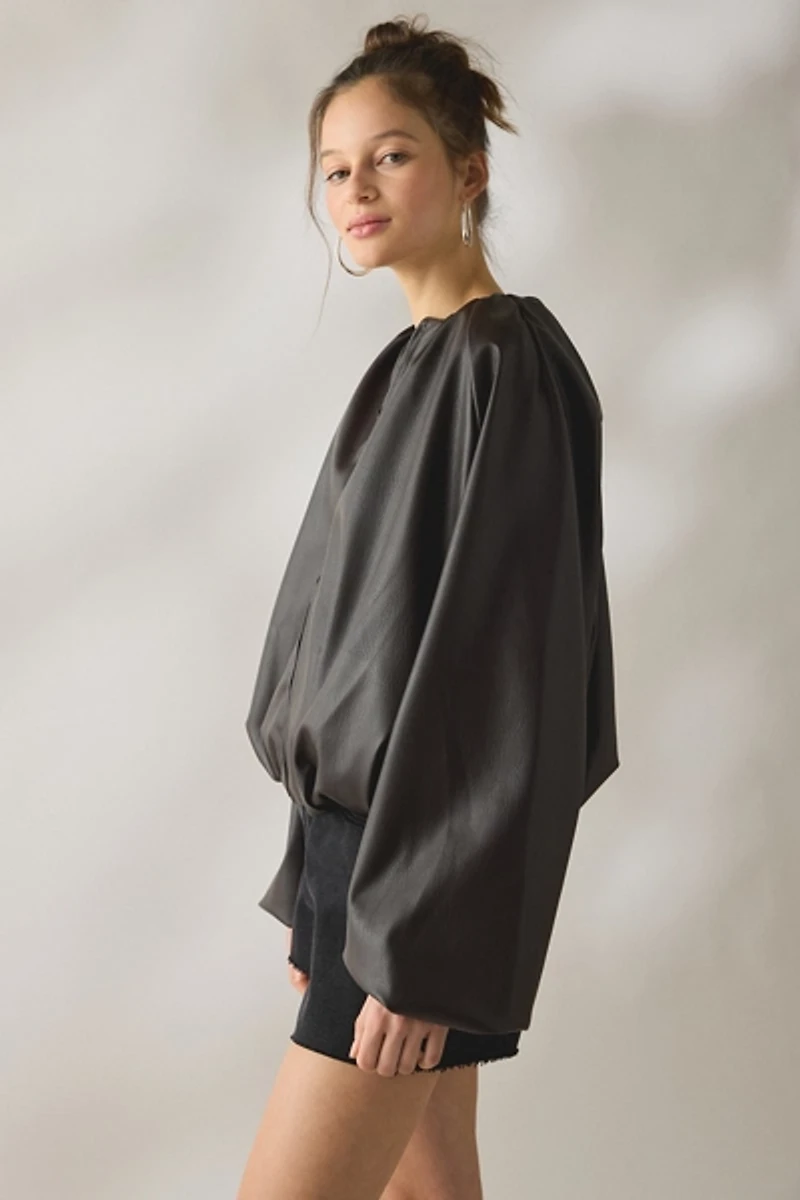 SAEMDI Edda Gathered Faux Leather Bomber Jacket