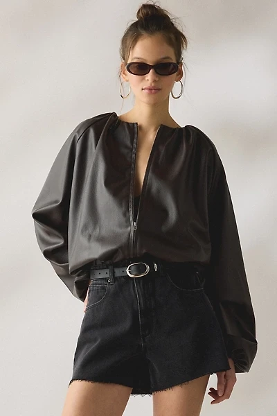 SAEMDI Edda Gathered Faux Leather Bomber Jacket