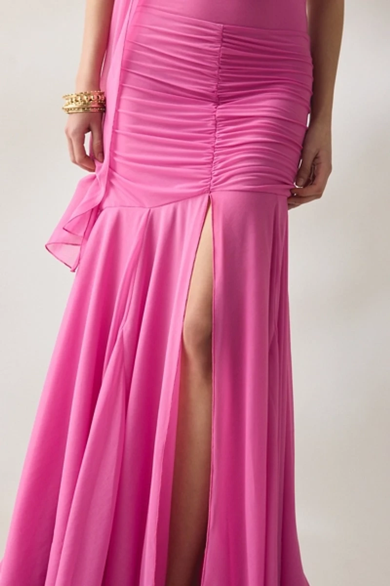 SAEMDI Dali Scarf Detail Halter Neck Mesh Maxi Dress