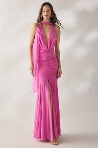 SAEMDI Dali Scarf Detail Halter Neck Mesh Maxi Dress