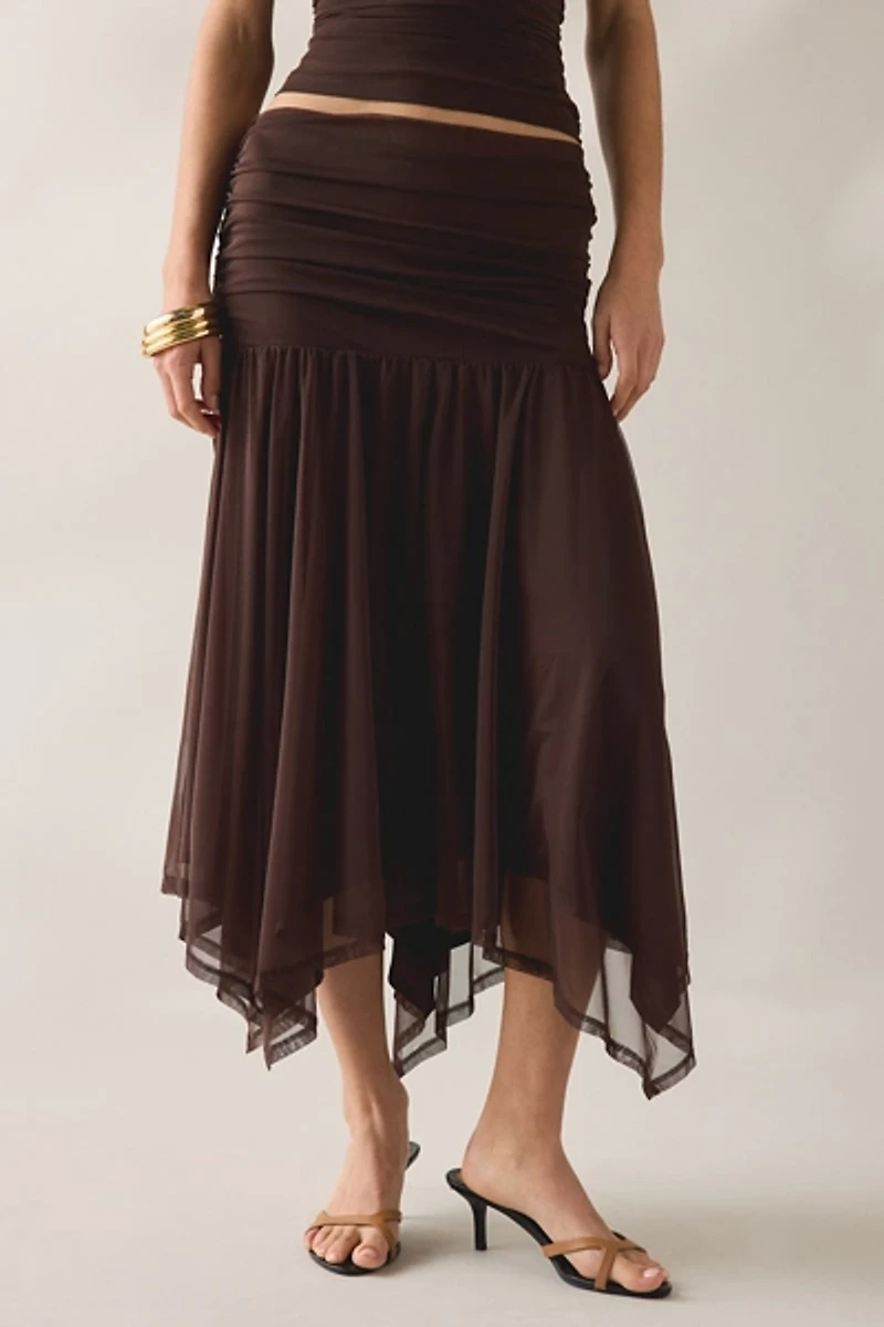 SAEMDI Elva Semi-Sheer Mesh Asymmetric Midi Skirt