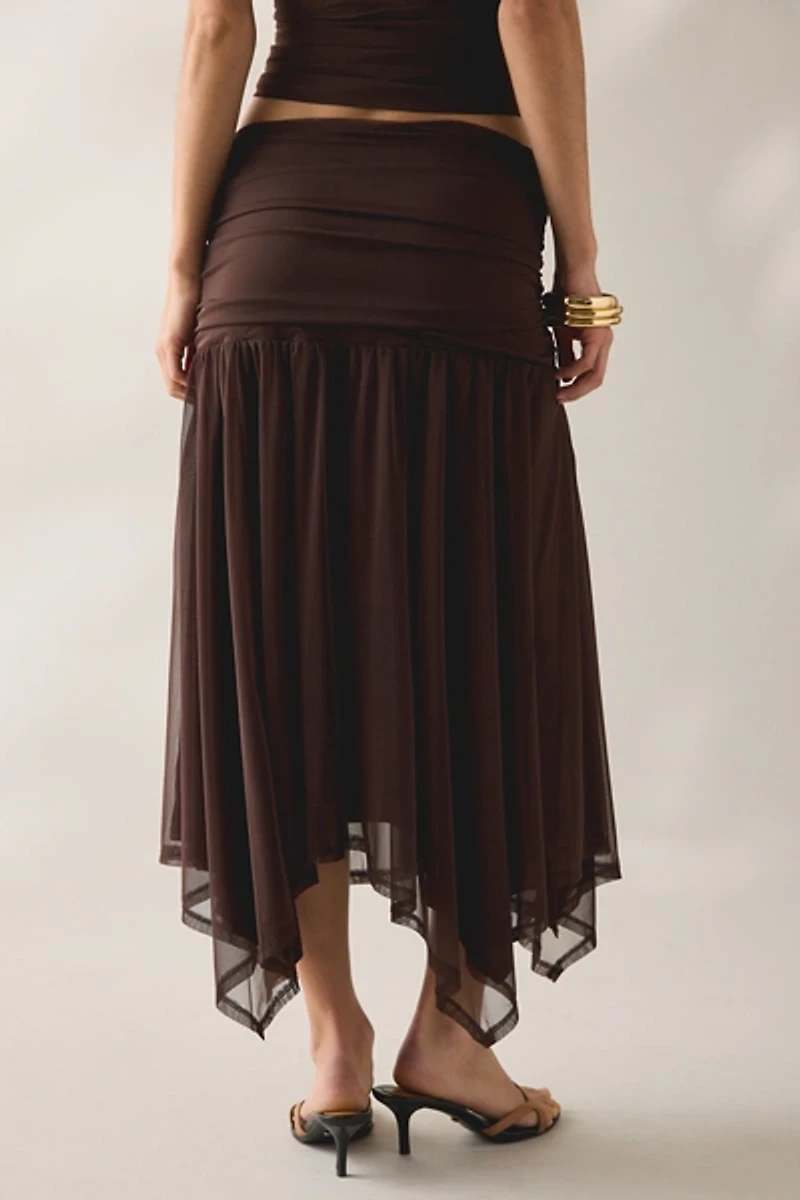 SAEMDI Elva Semi-Sheer Mesh Asymmetric Midi Skirt