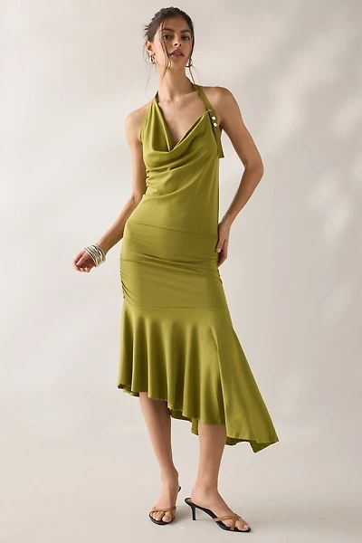 SAEMDI Ana Cowl Halter Neck Asymmetric Midi Dress