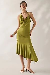 SAEMDI Ana Cowl Halter Neck Asymmetric Midi Dress
