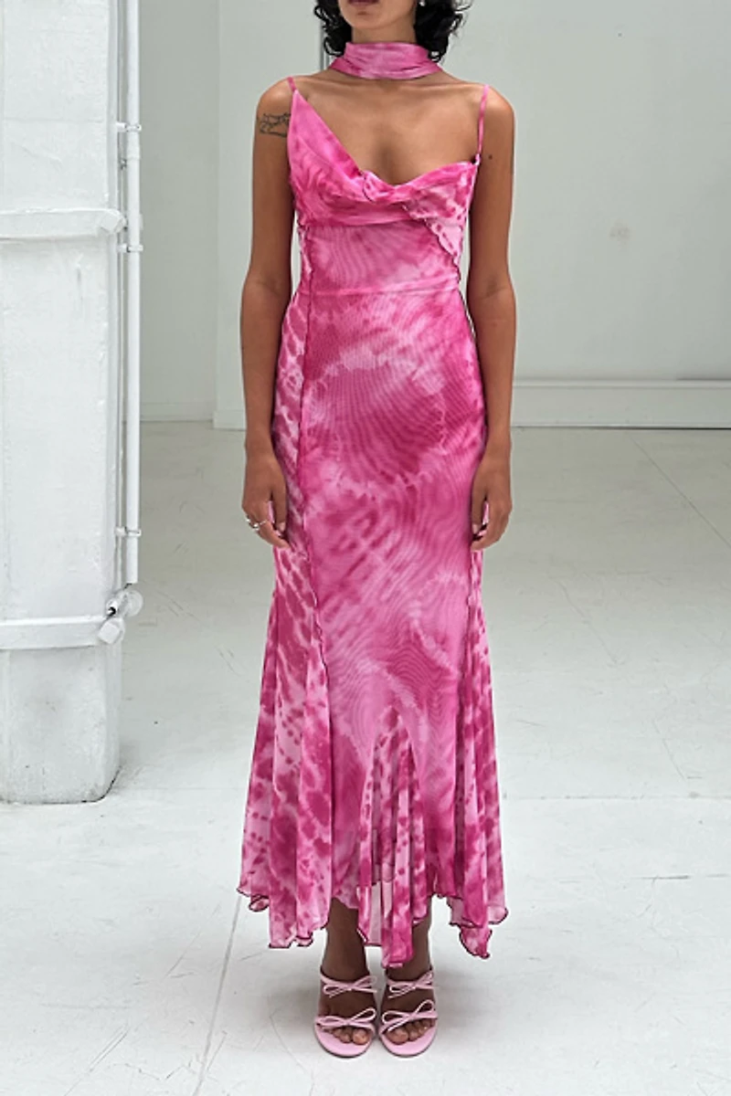 SAEMDI Dalida Asymmetric Cowl Neck Mesh Midi Dress