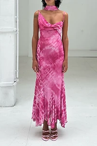 SAEMDI Dalida Asymmetric Cowl Neck Mesh Midi Dress