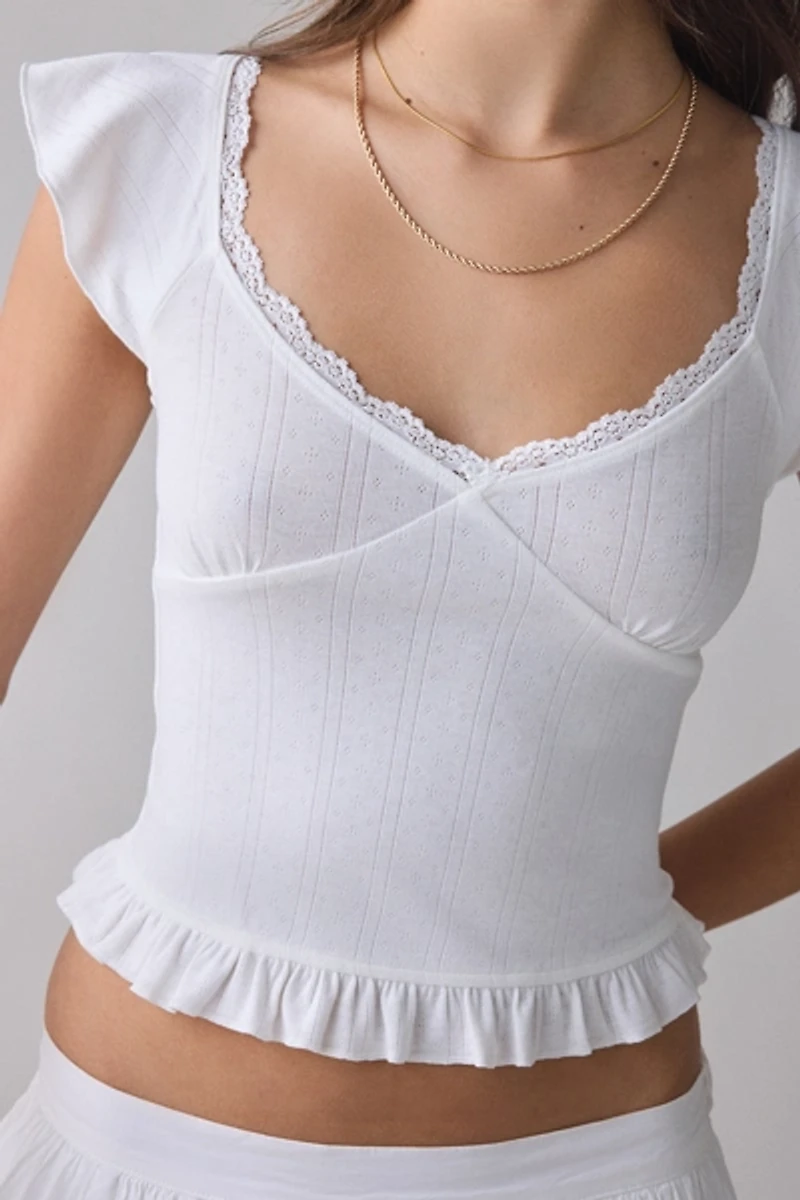 Kimchi Blue Posie Pointelle Knit Lace-Trim Ruffle Top