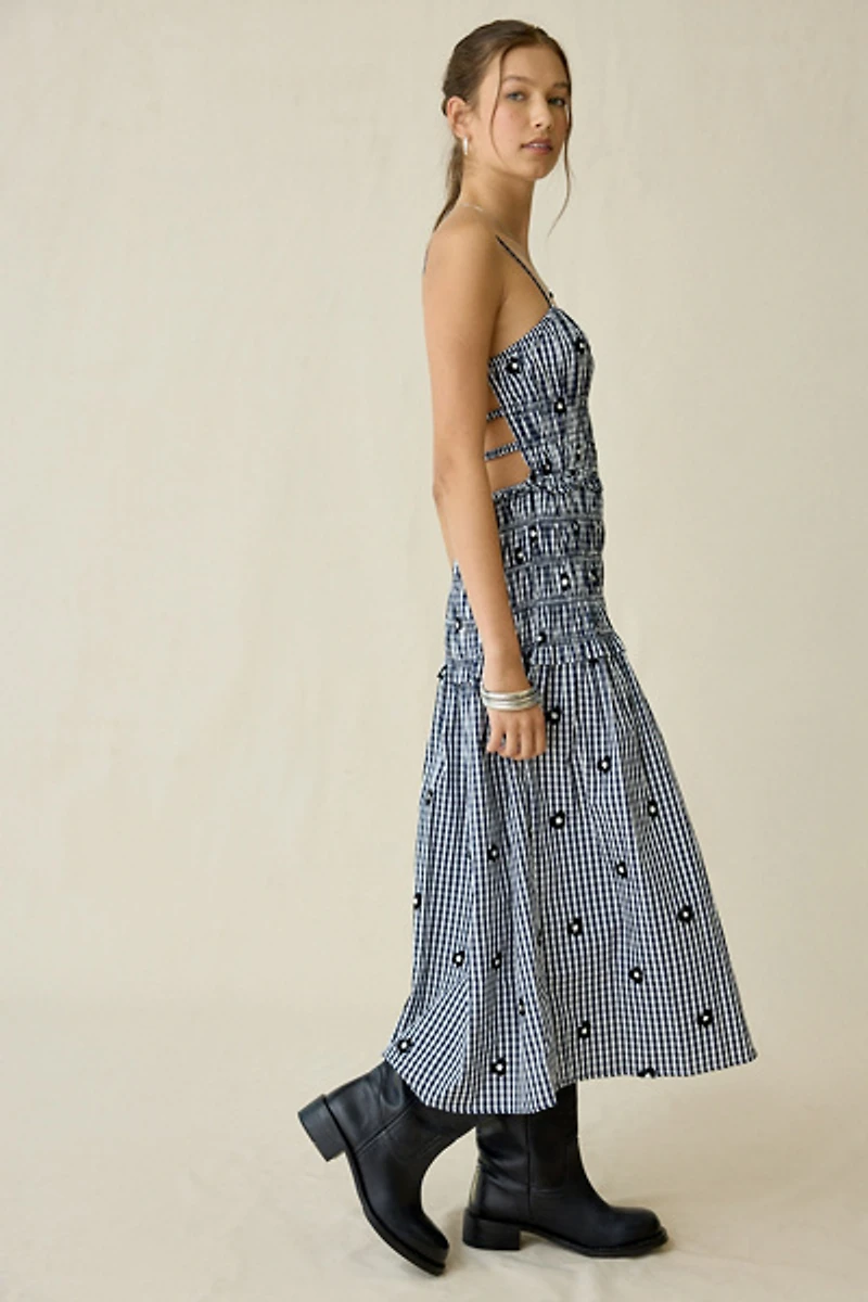 Maude Club Madison Embroidered Floral Gingham Midi Dress