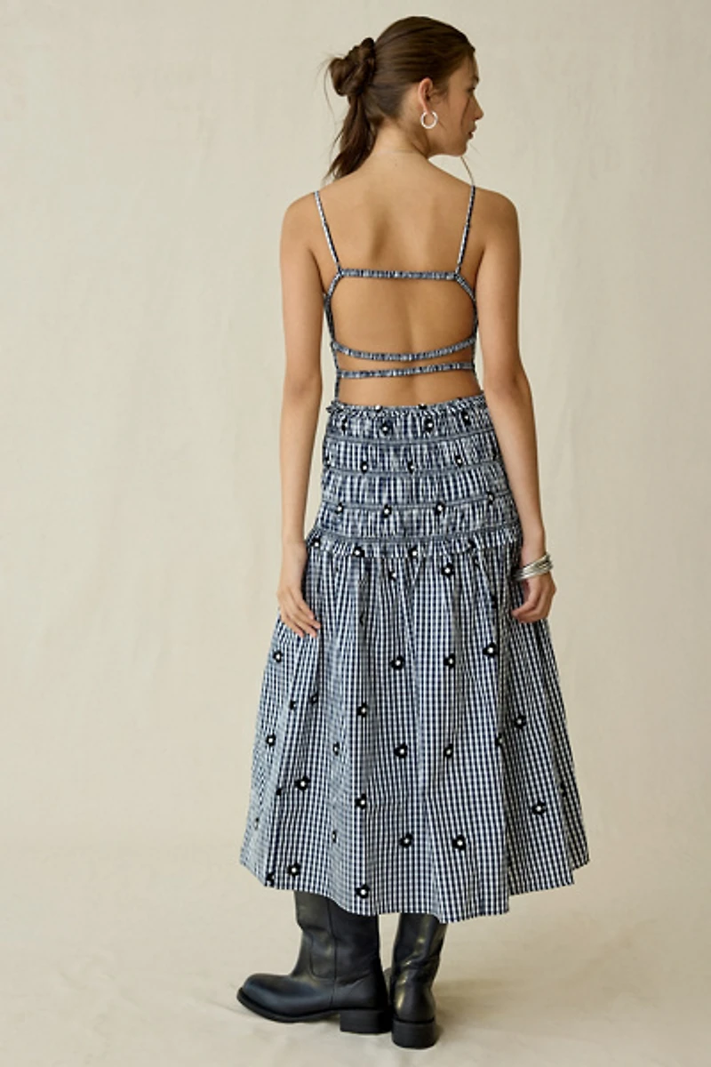 Maude Club Madison Embroidered Floral Gingham Midi Dress