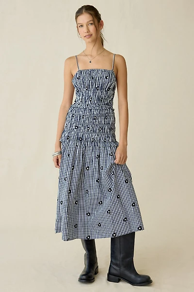 Maude Club Madison Embroidered Floral Gingham Midi Dress