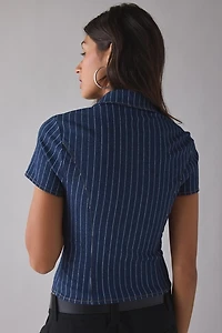 UO Polly Zip-Front Slim Short Sleeve Denim Shirt