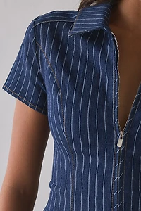 UO Polly Zip-Front Slim Short Sleeve Denim Shirt