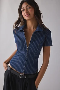 UO Polly Zip-Front Slim Short Sleeve Denim Shirt