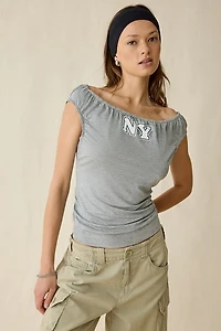 Woodrose Deli NY Graphic Off-The-Shoulder Crop Top
