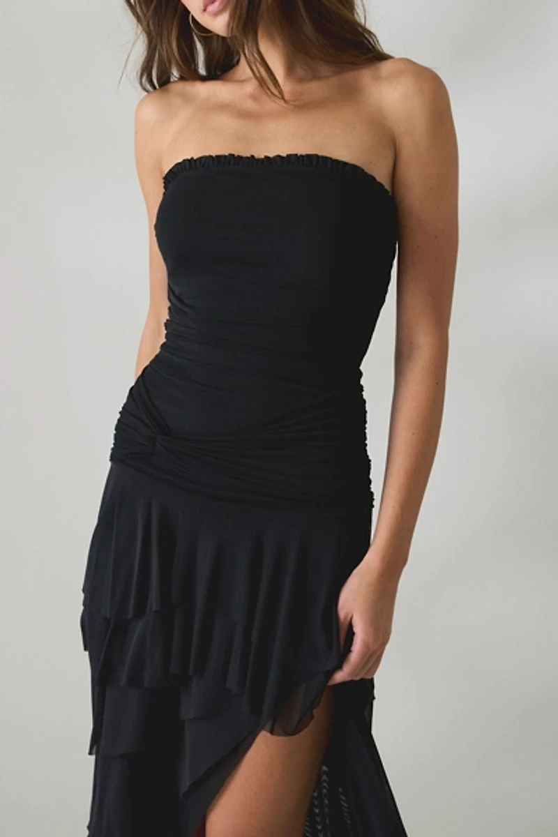 UO Sofie Asymmetric Ruffle Mesh Strapless Midi Dress