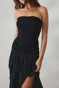 UO Sofie Asymmetric Ruffle Mesh Strapless Midi Dress