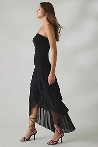 UO Sofie Asymmetric Ruffle Mesh Strapless Midi Dress