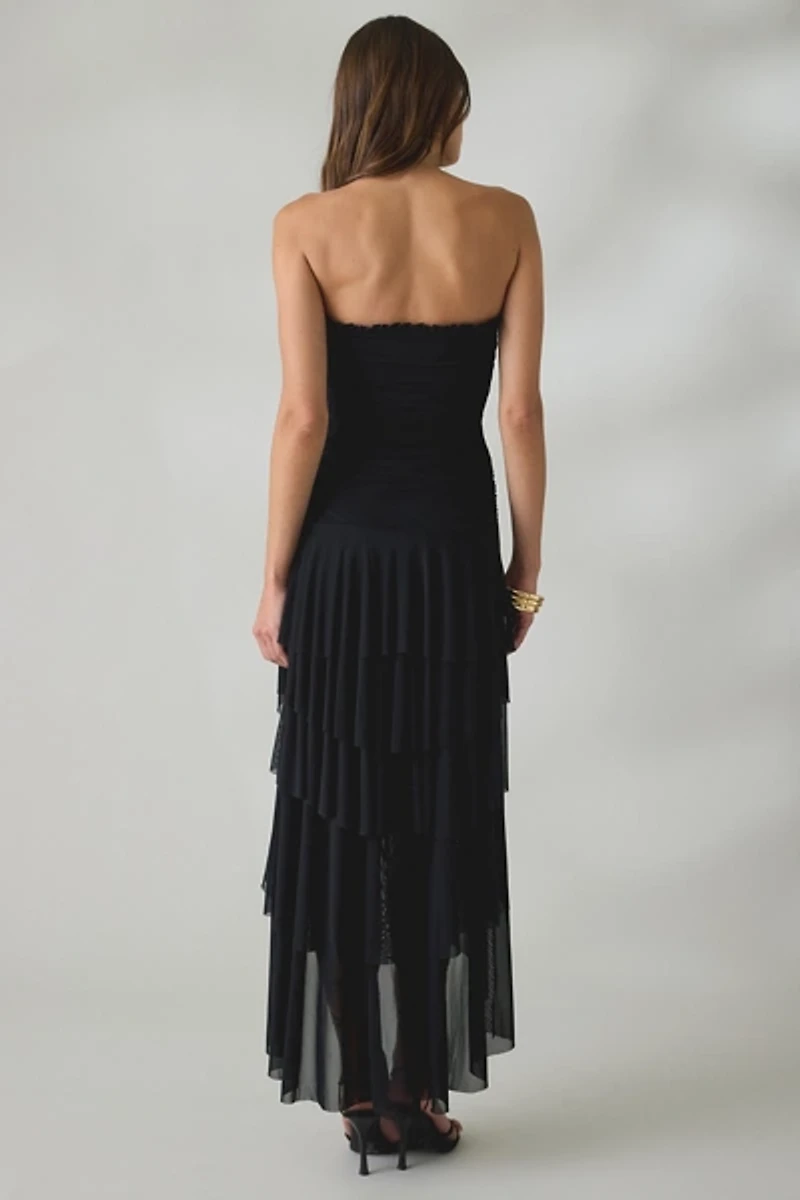 UO Sofie Asymmetric Ruffle Mesh Strapless Midi Dress