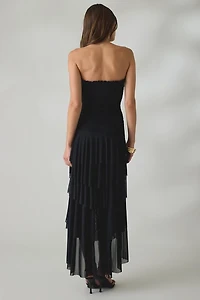 UO Sofie Asymmetric Ruffle Mesh Strapless Midi Dress