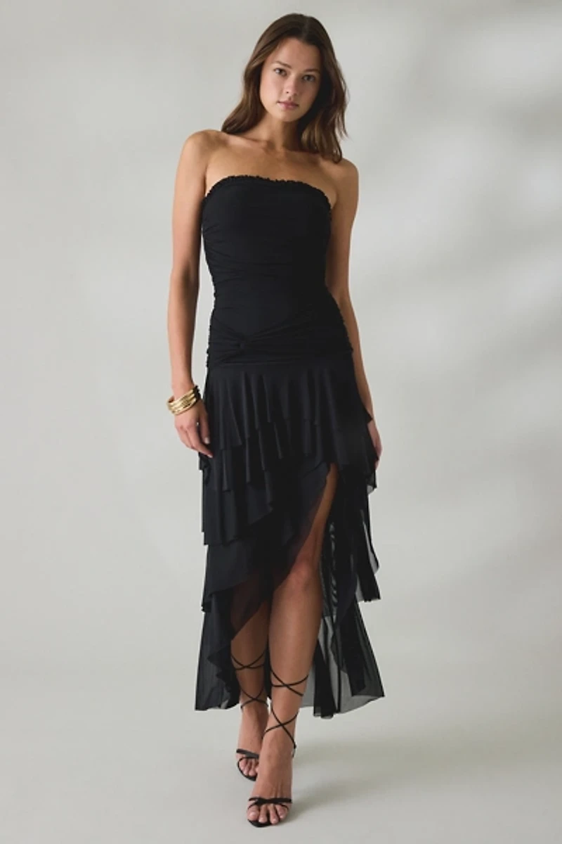 UO Sofie Asymmetric Ruffle Mesh Strapless Midi Dress