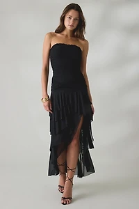 UO Sofie Asymmetric Ruffle Mesh Strapless Midi Dress