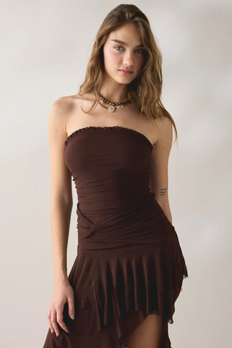 UO Sofie Asymmetric Ruffle Mesh Strapless Midi Dress