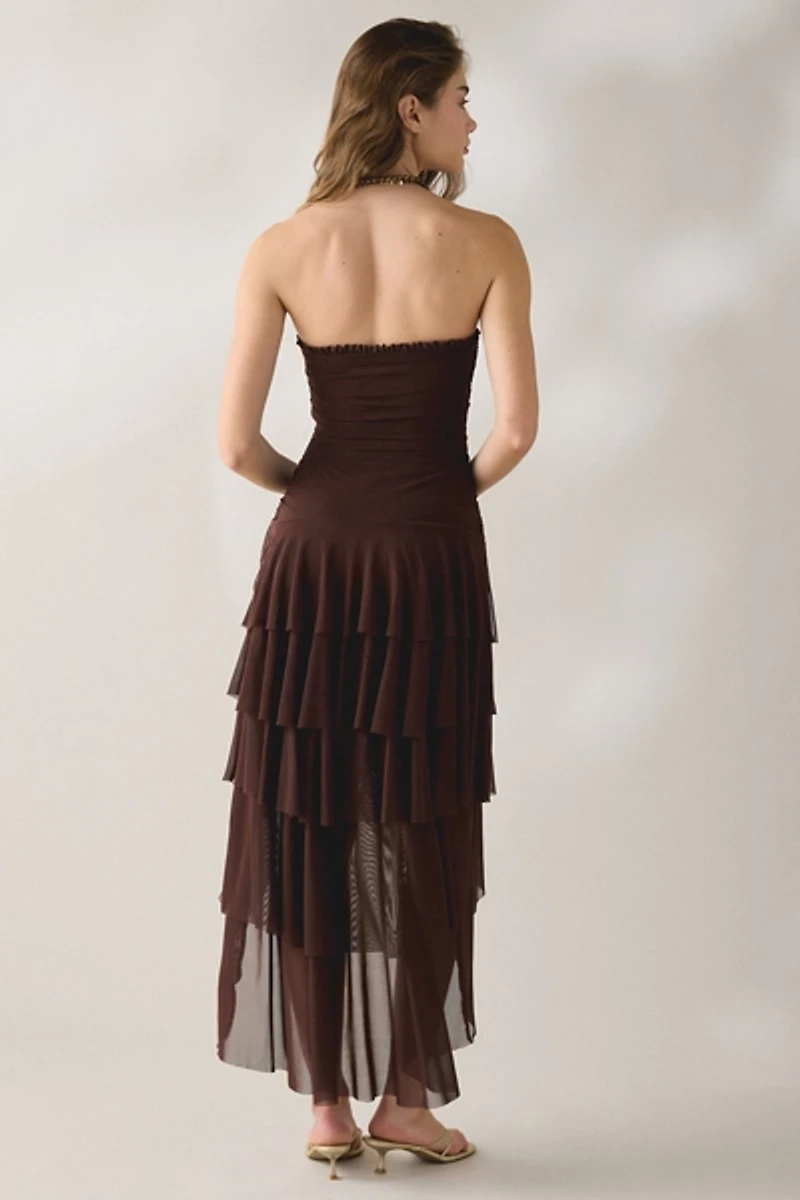 UO Sofie Asymmetric Ruffle Mesh Strapless Midi Dress