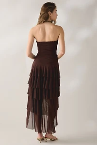 UO Sofie Asymmetric Ruffle Mesh Strapless Midi Dress