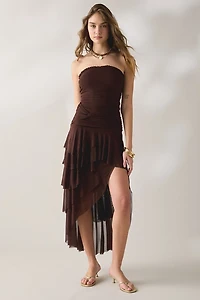 UO Sofie Asymmetric Ruffle Mesh Strapless Midi Dress