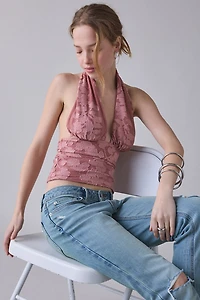 UO Party For You Studded Jacquard Plunging Halter Crop Top