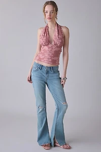 UO Party For You Studded Jacquard Plunging Halter Crop Top