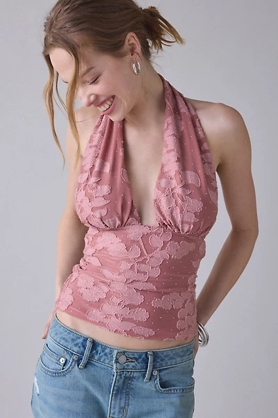 UO Party For You Studded Jacquard Plunging Halter Crop Top