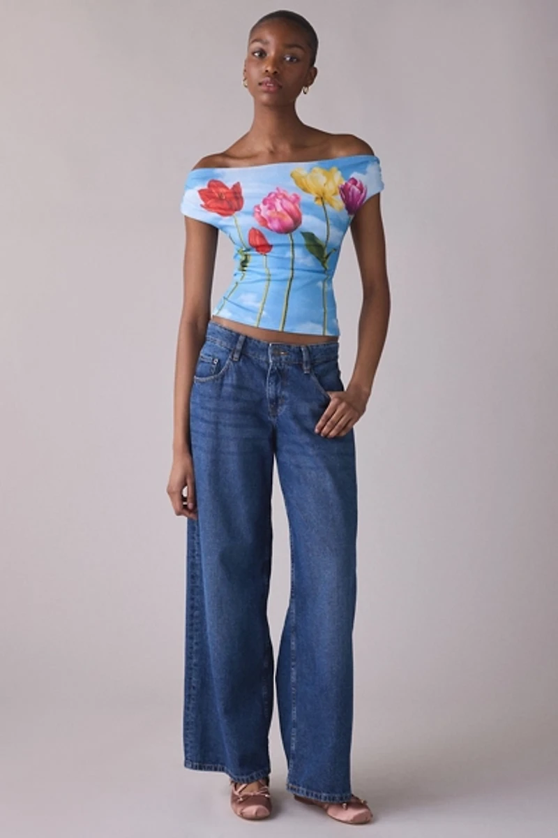 UO Fia Graphic Print Mesh Off-The-Shoulder Crop Top
