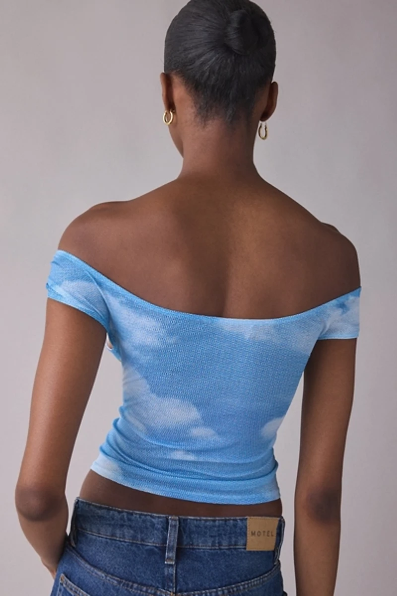 UO Fia Graphic Print Mesh Off-The-Shoulder Crop Top
