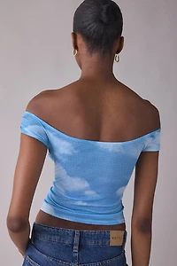 UO Fia Graphic Print Mesh Off-The-Shoulder Crop Top
