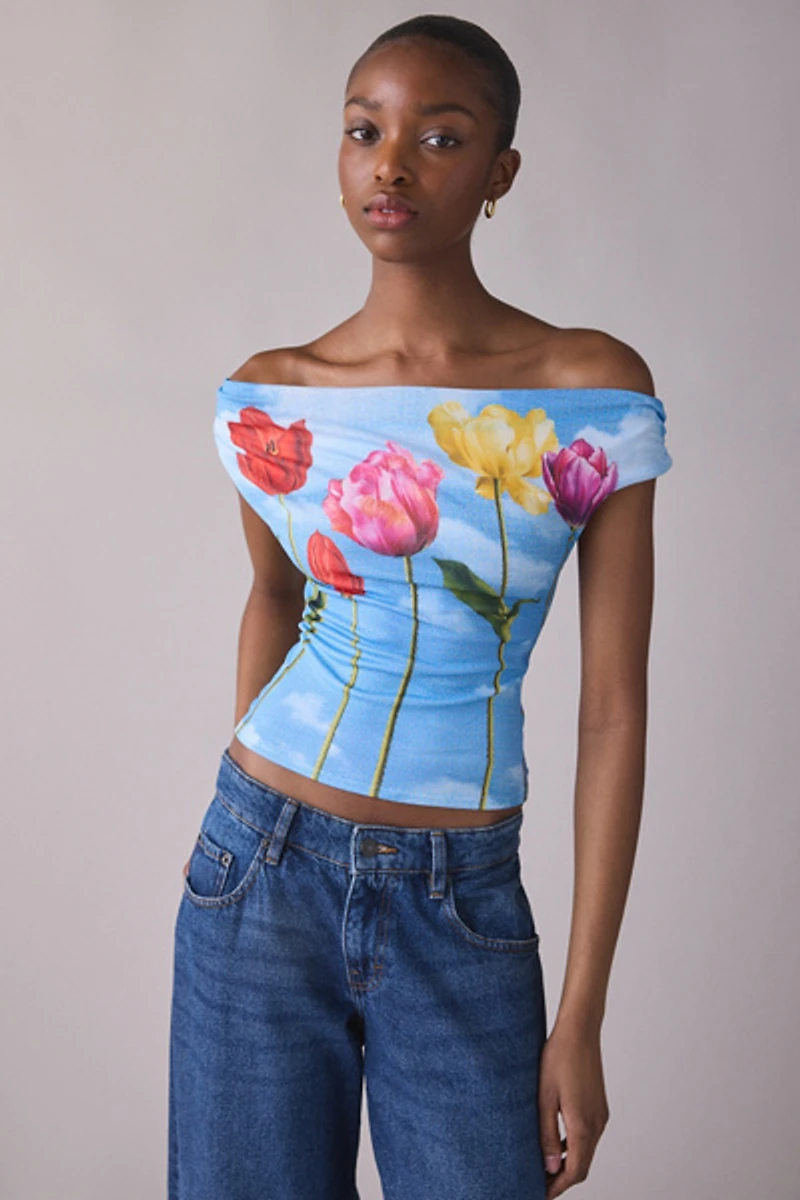 UO Fia Graphic Print Mesh Off-The-Shoulder Crop Top