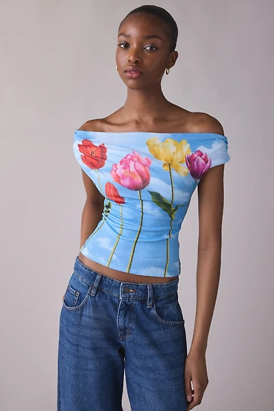 UO Fia Graphic Print Mesh Off-The-Shoulder Crop Top