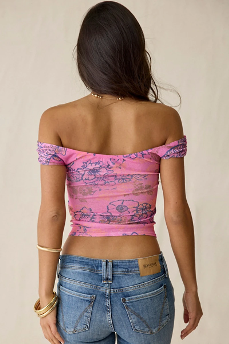 UO Fia Graphic Print Mesh Off-The-Shoulder Crop Top