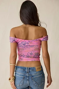 UO Fia Graphic Print Mesh Off-The-Shoulder Crop Top
