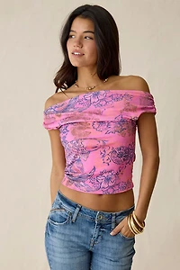 UO Fia Graphic Print Mesh Off-The-Shoulder Crop Top