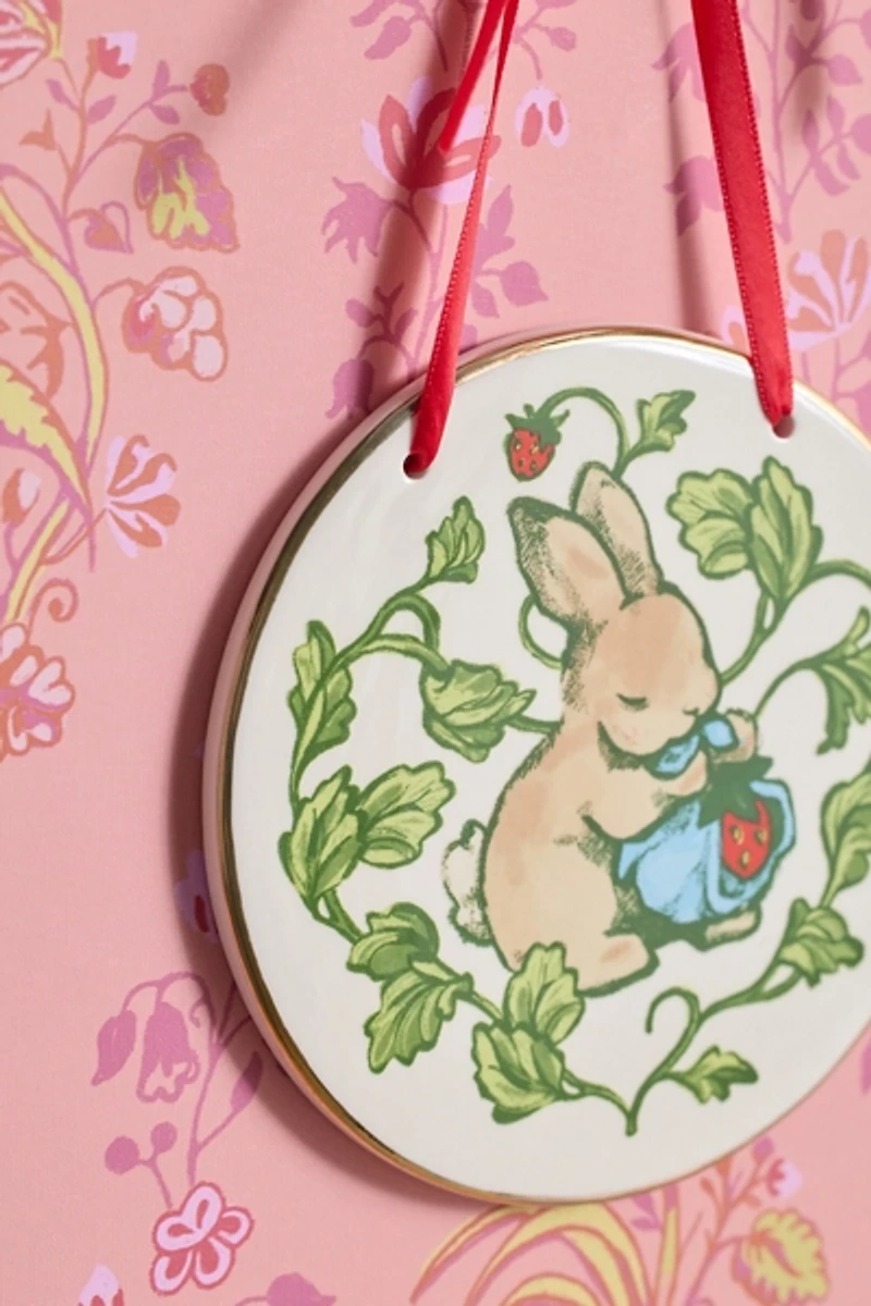 Strawberry Bunny Ceramic Hanging Wall Tile
