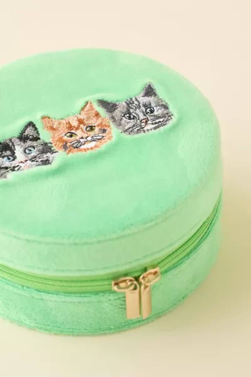 Kitty Cat Embroidered Velvet Travel Jewelry Case