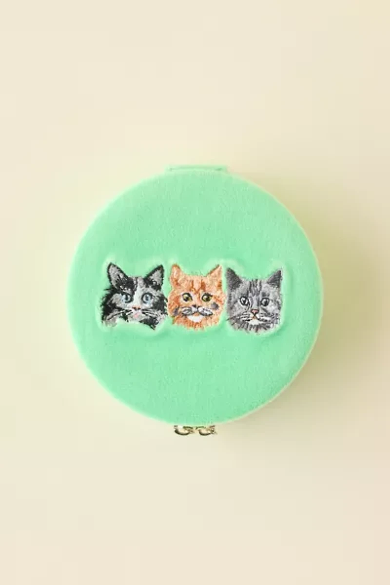 Kitty Cat Embroidered Velvet Travel Jewelry Case
