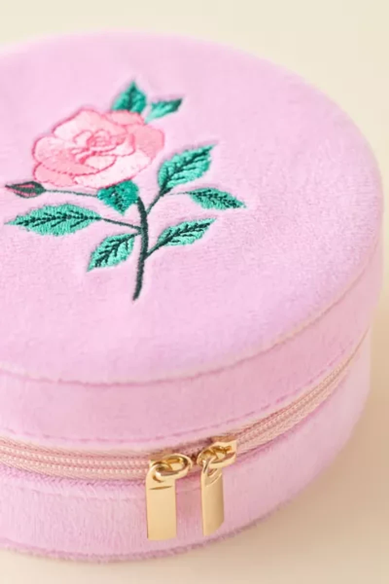 Rose Embroidered Velvet Travel Jewelry Case
