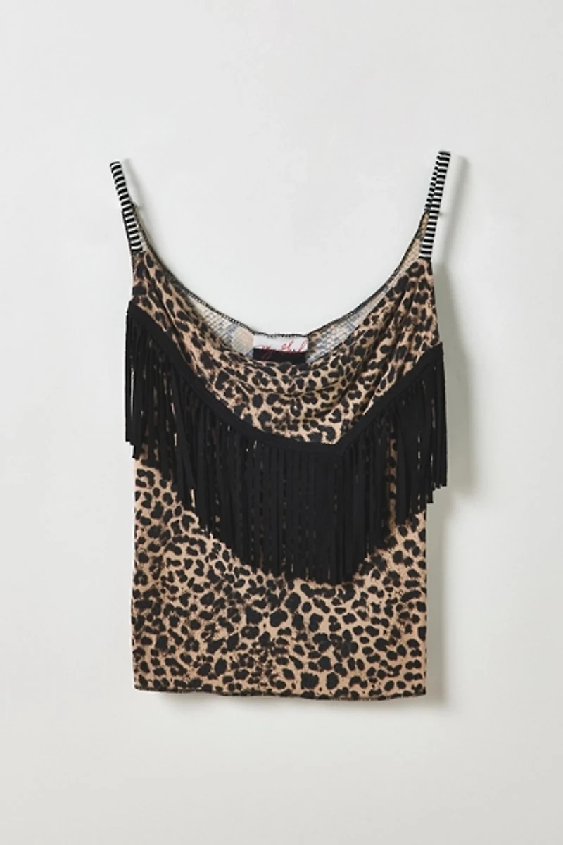 Vintage By My Grrl Animal Print Fringe Cowl Neck Tank Top